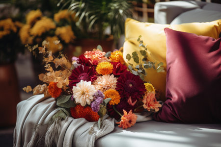 Vibrant cushions enhance the warm fall ambience with floral autumn vibes in a comfortable homeの素材
