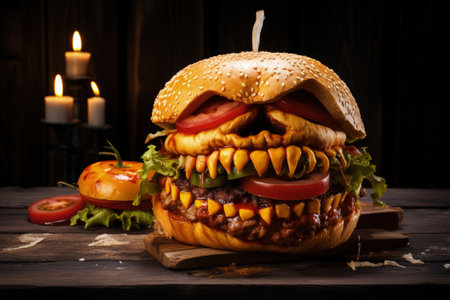 Scary pumpkin shaped burger on wooden board for Halloween partyの素材
