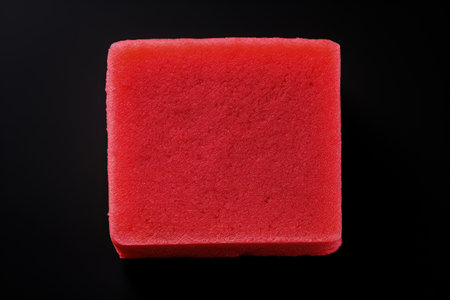 Red sponge seen from above stands alone on a white backgroundの素材