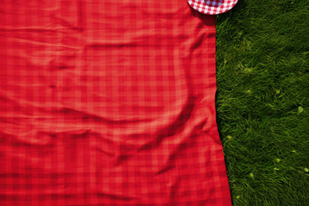 Top view of a picnic cloth on the grassの素材