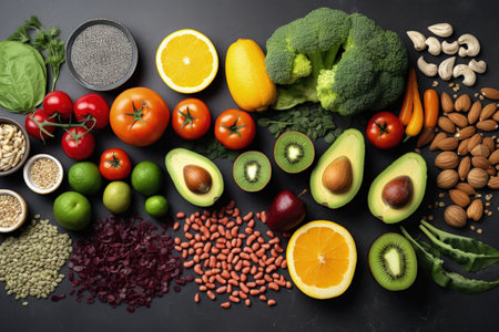 Various healthy foods on a gray tableの素材