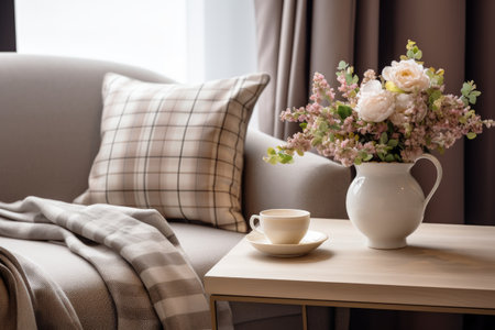 Modern living room in apartment with new furniture and home decor featuring a coffee table near a beの素材