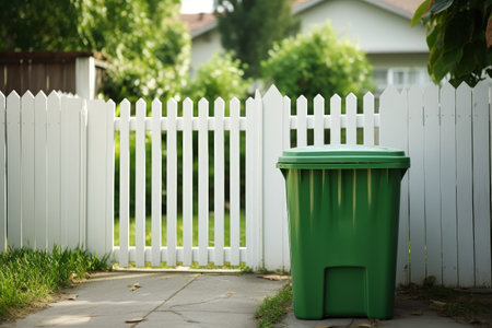 Trash in a green container behind a white fence Sorting waste and promoting environmental responsibiの素材