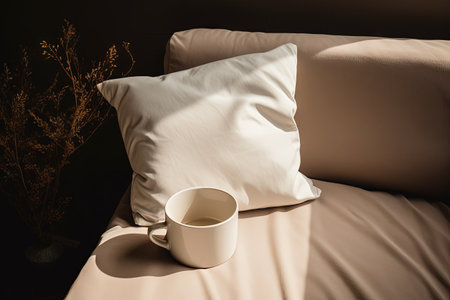 White pillow on a couch with a cup of teaの素材