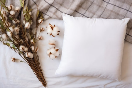 Winter flat lay composition with white pillow and warm blanket square cushion mockupの素材