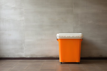 White plastic bin for cleaning and recycle on wooden floor with cement backgroundの素材