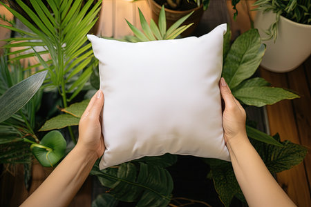 Woman holding a square white pillow with both hands for mockupの素材