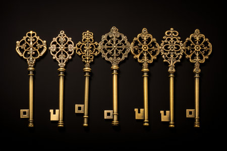 Victorian style golden skeleton keys symbolize success unlocking potential and achieving goalsの素材