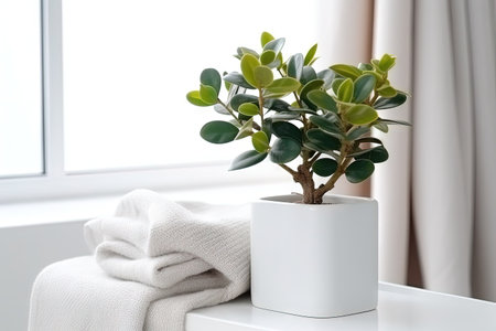 White wooden box with gray soft fleece blanket and young Ficus plant in white flower pot on it againの素材