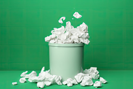 White paper crumpled and added to green rubbish binの素材