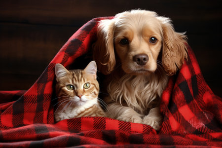 Pets sitting together under a plaid blanketの素材