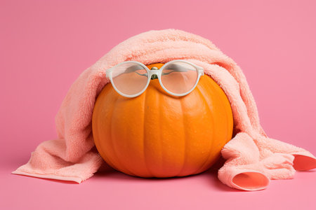 Patched eyed pumpkin on pink towel presentの素材