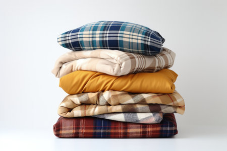 Pillows and warm plaids stacked on whiteの素材