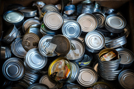 Recycling a variety of metal containers including cans and jars to avoid pollution and achieve zeroの素材