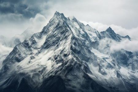Snow covered peaks and cloudy alpine sceneryの素材