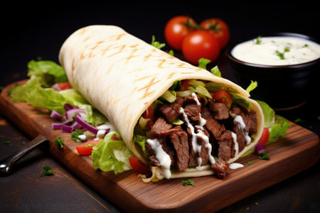 Shawarma Beef sandwich with grilled meat salad and white sauce on a lavashの素材