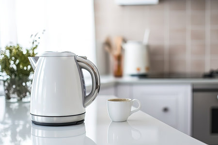 White board with a silver kettle and hot water Kitchen interior with white furniture Space for yourの素材