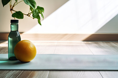 Indoor floor with yoga mat water bottle and ballの素材
