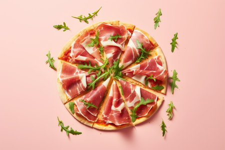 Italian traditional food pink background top view equal slices of pizza with prosciutto parmesan aruの素材