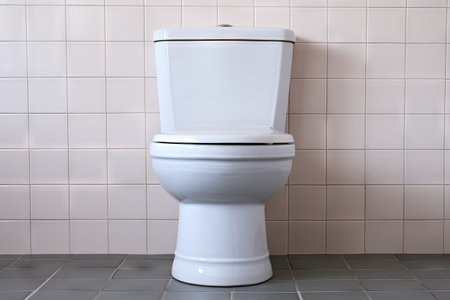 New white toilet installed on tiled wall facing forwardの素材