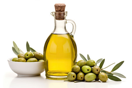 Oil bottle and ripe olives on white backgroundの素材