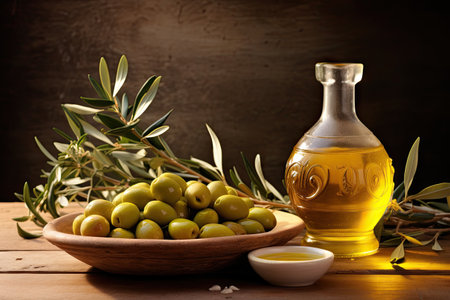 Olive oil and branch on tableの素材