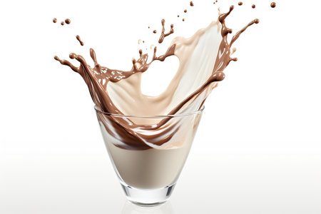 Milk and chocolate milk splashes out of a glass against a white backgroundの素材