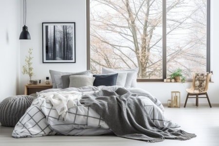 Neutral bedroom decor with bed linens window and wall artの素材