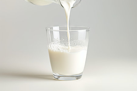 Milk pouring into glass on neutral backgroundの素材