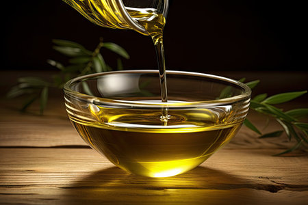 Olive oil poured in a glass bowl on a wooden backdropの素材