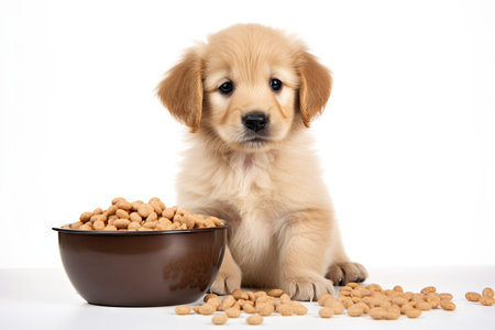 Jack Russell terrier puppy holding empty white banner while licking dry food bowl Isolated on whiteの素材
