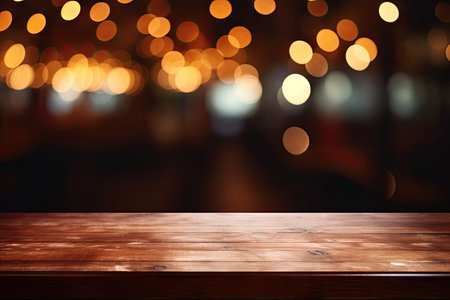 Nighttime cafe restaurant scene blurry lighting reflects on wooden table topの素材