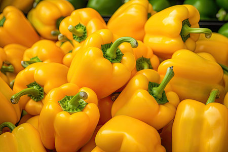 Organic yellow sweet peppers sold in supermarket for cooking delicious and nutritiousの素材