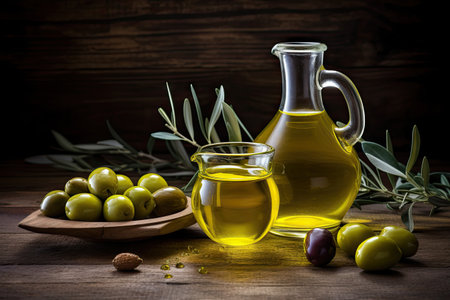 Olive branch and oil on wooden tableの素材