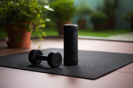 Sport concept with dumbbell and yoga mat on table promoting fitness and healthの素材