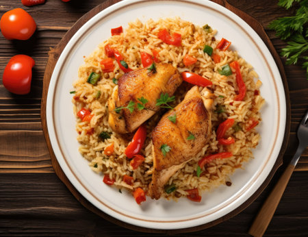 Spanish cuisine Arroz con pollo served on a white plate with veggies on a wooden tableの素材