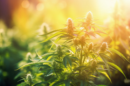 Sunlit wide banner with shallow depth of field showcasing blooming female marijuana flowers and leavの素材