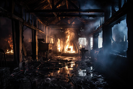 Renovate construction industry with an old scary burnt interior houseの素材