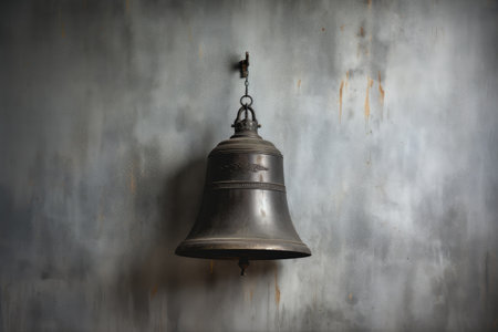 School bell made of metal on a gray wallの素材