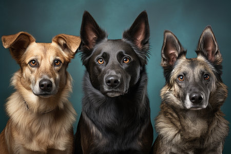 Three shelter dogs photographed in a studio against a plain backgroundの素材