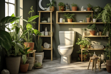 Restroom interior featuring a toilet shelves and plantsの素材