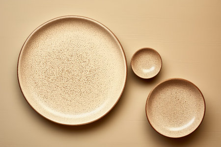 Textured grainy pattern on five plates of varying sizes on beige background Top view of brown and naの素材