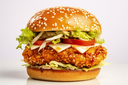 Tasty double chicken burger with crispy meat salad and sauce on white backgroundの素材