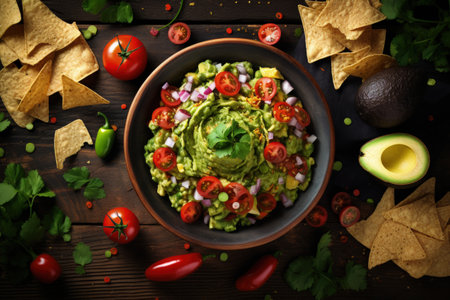 Top view of a vintage table with guacamole bowl and tortilla chips made from fresh ingredientsの素材