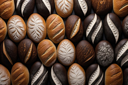Top view of white black and rye loaves on black backgroundの素材