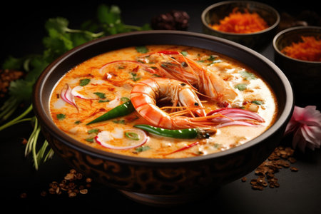 Spicy Thai soup with prawn and coconut milk a traditional Asian delightの素材