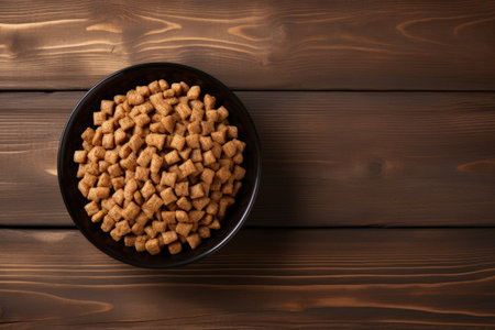 Top view of wooden background with bowl of dry dog foodの素材