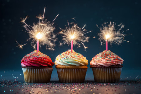 Three cupcakes with sparklers in a lineの素材