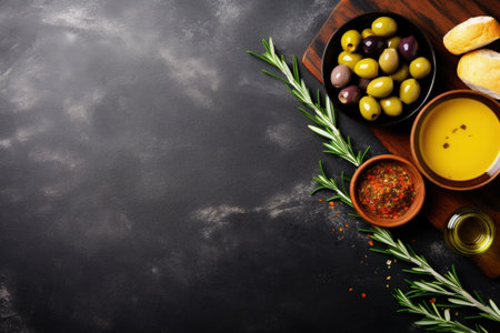 Top view of sliced bread rosemary olives and olive oil on a cutting board with concrete background aの素材