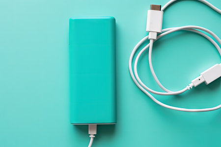 Top view of smartphone charging with power bank via USB cable on turquoise backgroundの素材